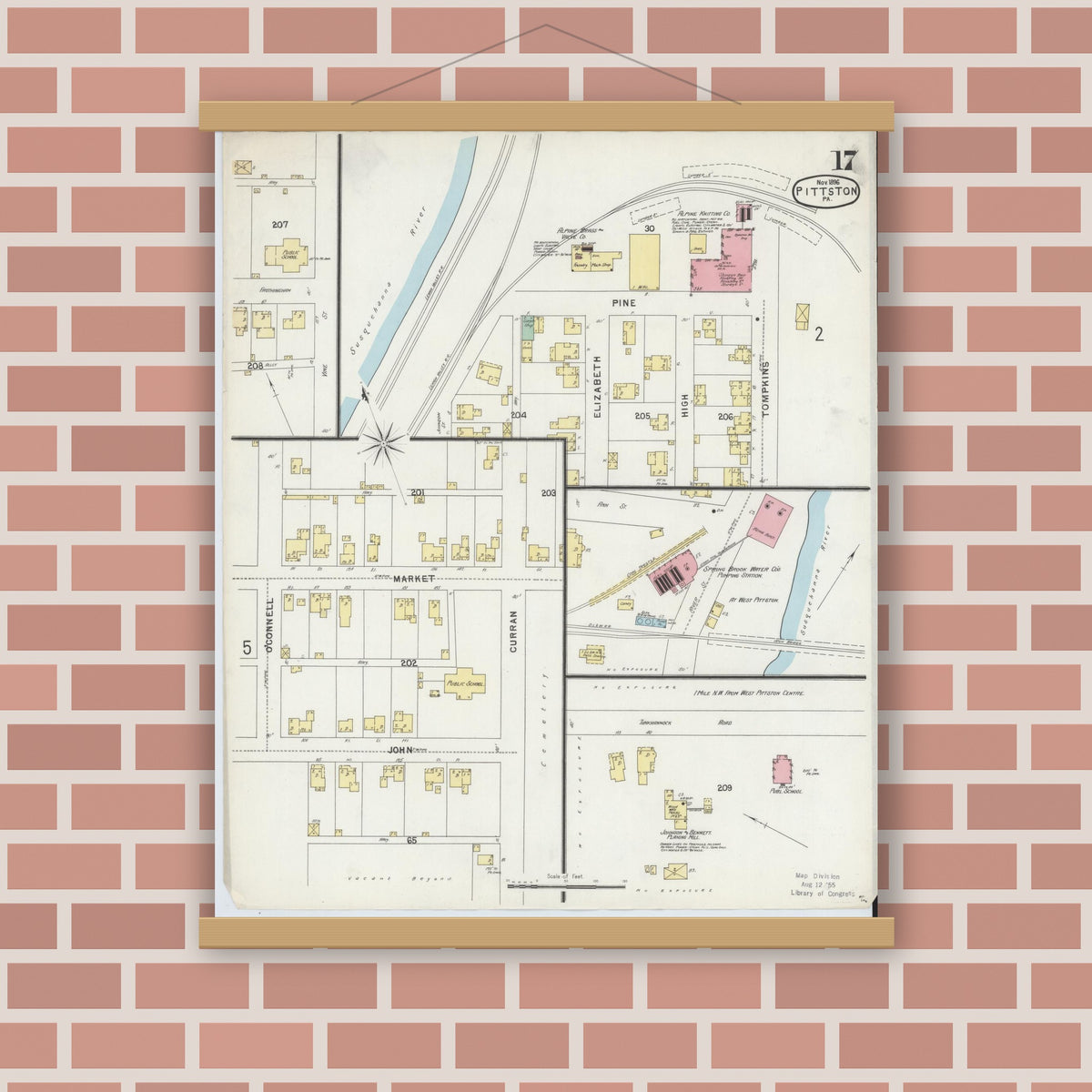 Old map wall art mockup — magnetic wood frame on brick wall — Sanborn Fire Insurance Map from Pittston, Luzerne County, Pennsylvania (1896), Sheet #0017