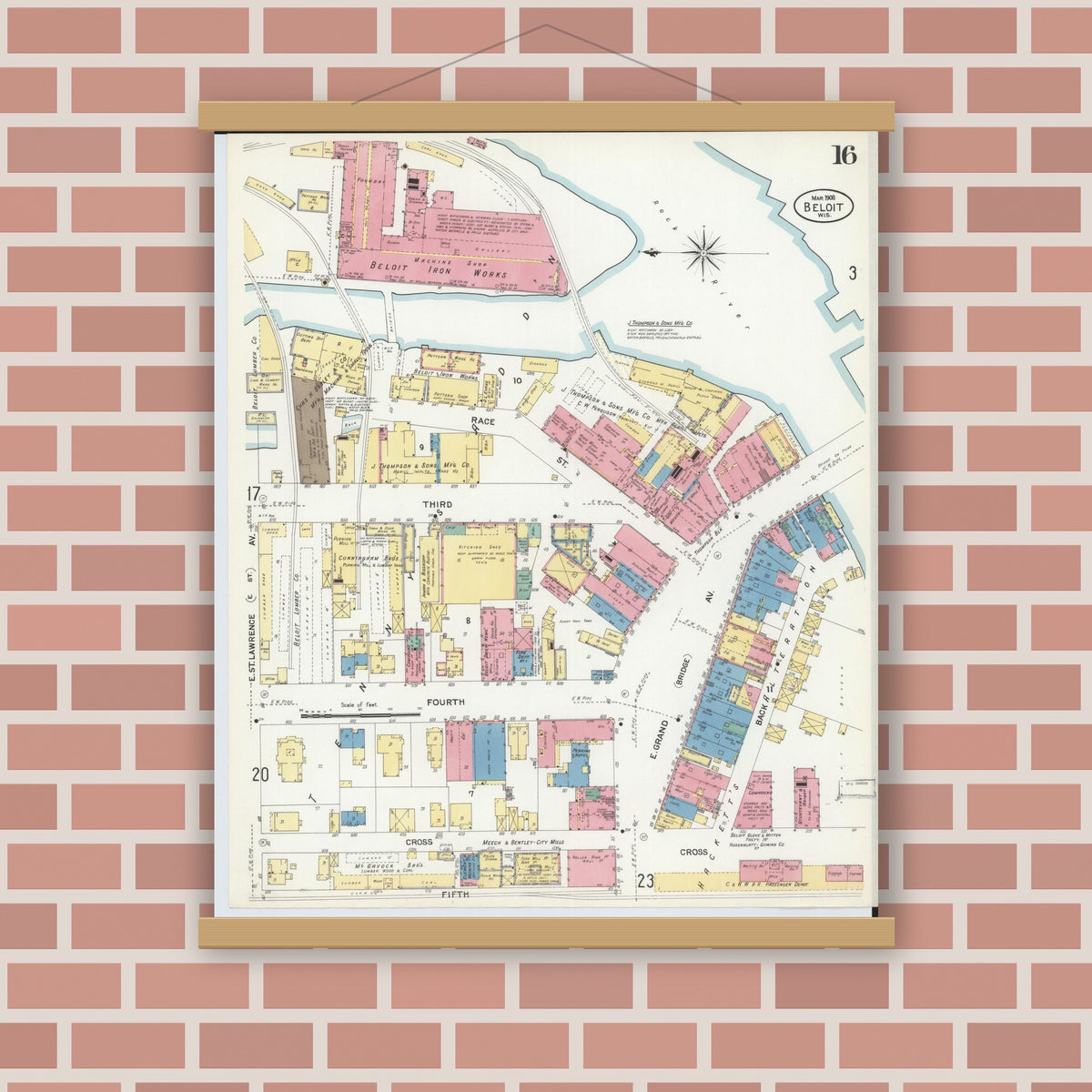 Old map wall art mockup — magnetic wood frame on brick wall — Sanborn Fire Insurance Map from Beloit, Rock County, Wisconsin (1908), Sheet #0016