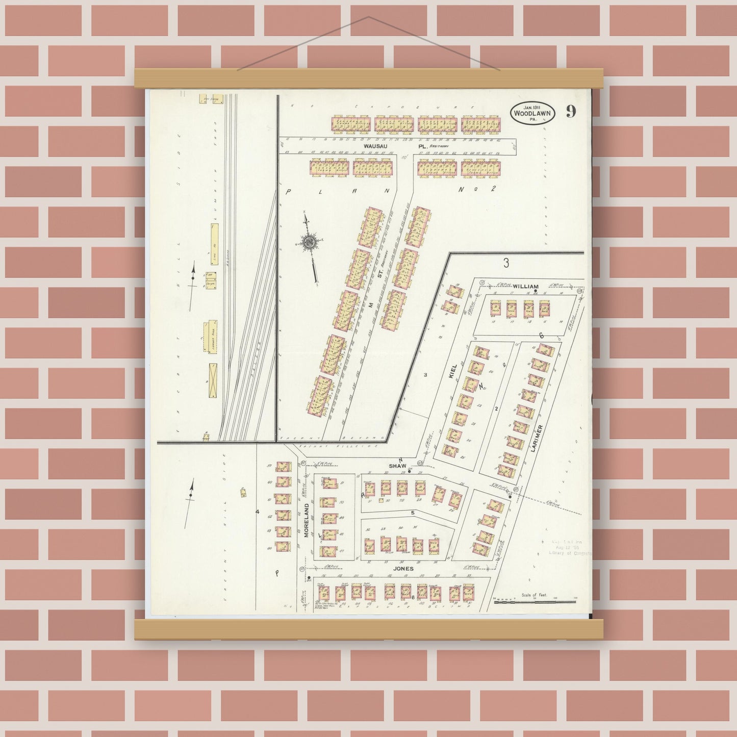 Old map wall art mockup — magnetic wood frame on brick wall — Sanborn Fire Insurance Map from Woodlawn, Beaver County, Pennsylvania (1911), Sheet #0009
