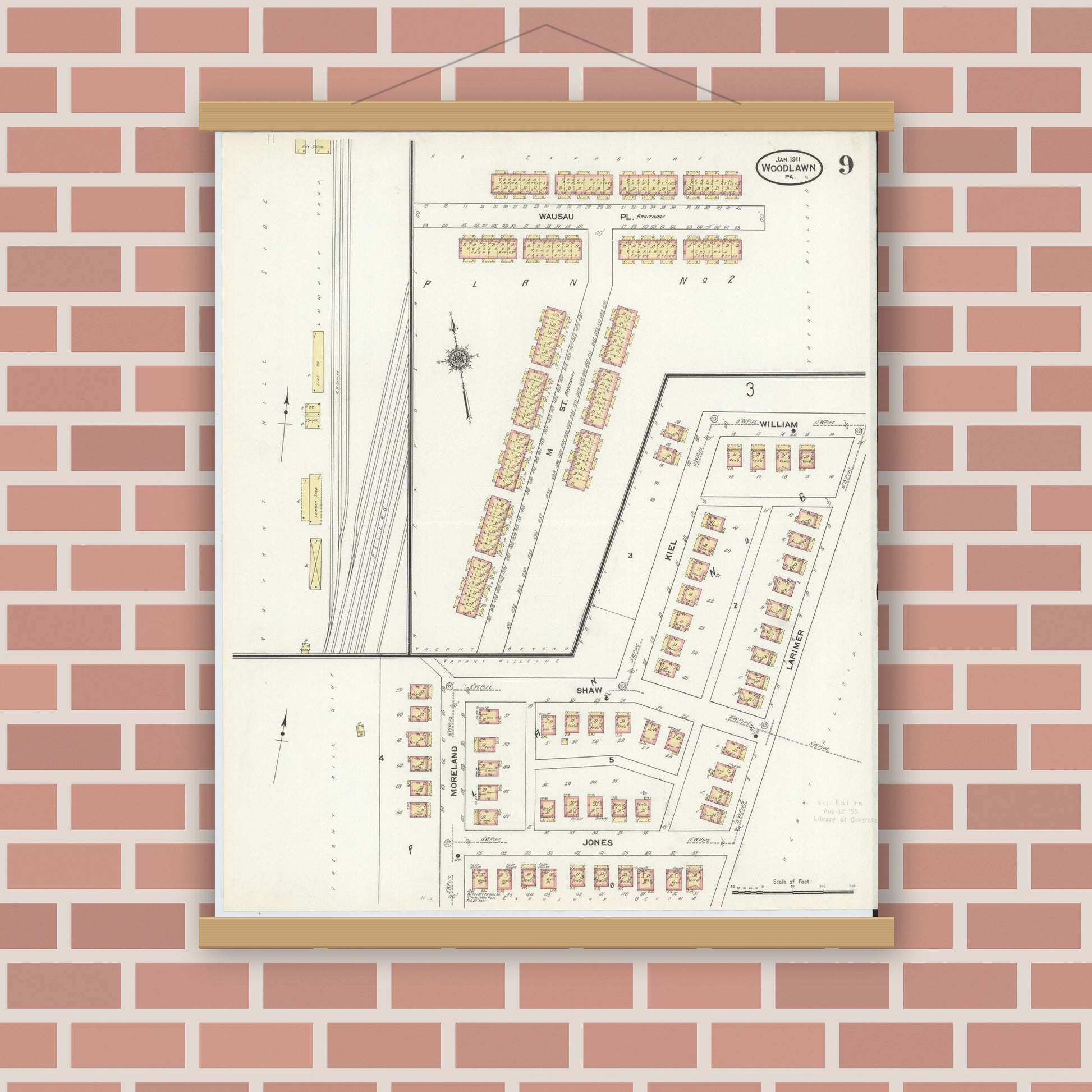 Old map wall art mockup — magnetic wood frame on brick wall — Sanborn Fire Insurance Map from Woodlawn, Beaver County, Pennsylvania (1911), Sheet #0009