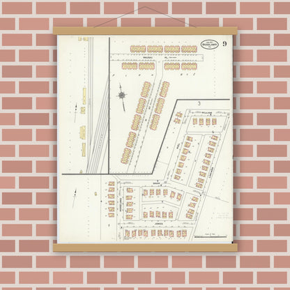 Old map wall art mockup — magnetic wood frame on brick wall — Sanborn Fire Insurance Map from Woodlawn, Beaver County, Pennsylvania (1911), Sheet #0009