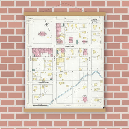 Old map wall art mockup — magnetic wood frame on brick wall — Sanborn Fire Insurance Map from Virginia, Cass County, Illinois (1909), Sheet #0004