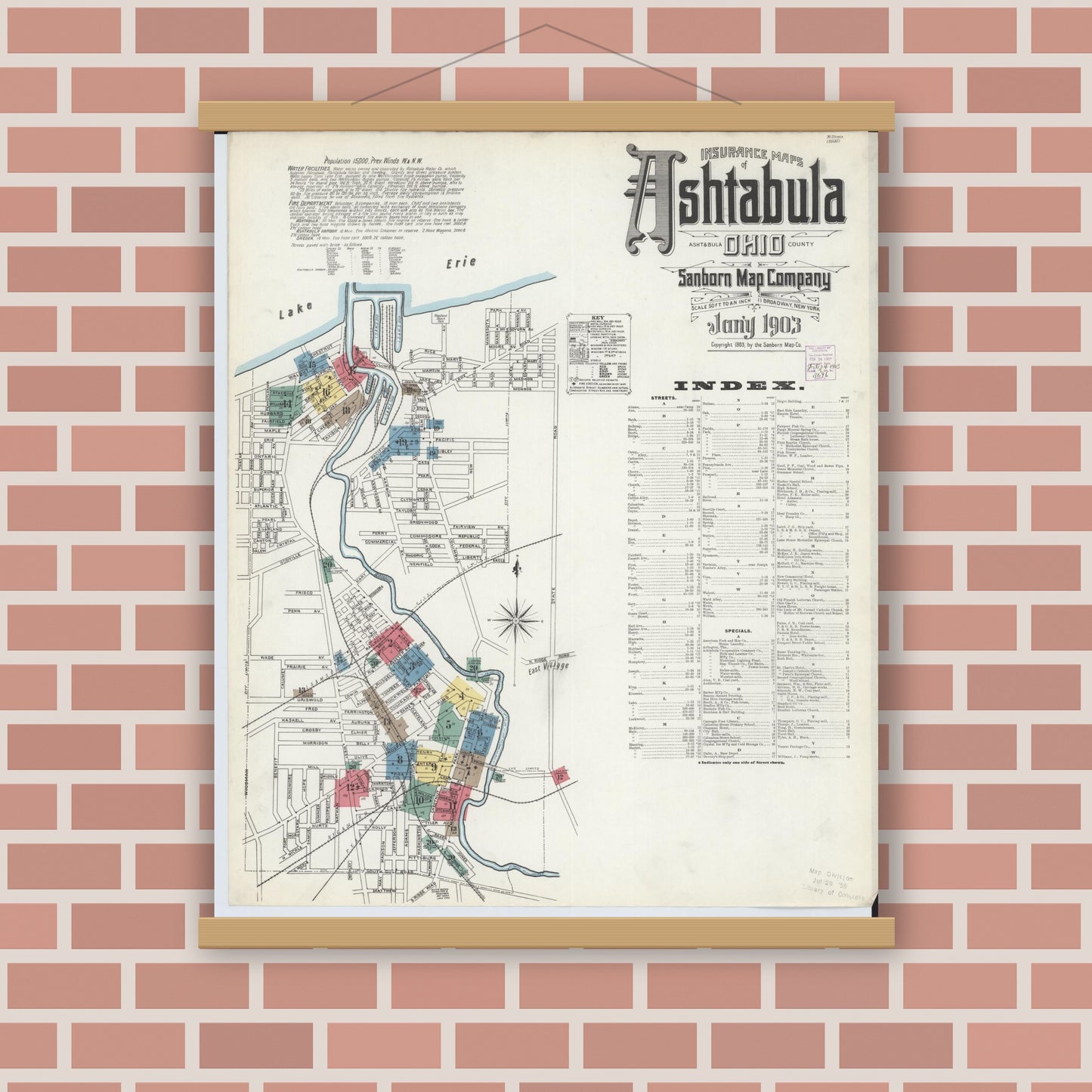 Old map wall art mockup — magnetic wood frame on brick wall — Sanborn Fire Insurance Map from Ashtabula, Ashtabula County, Ohio (1903), Sheet #0001