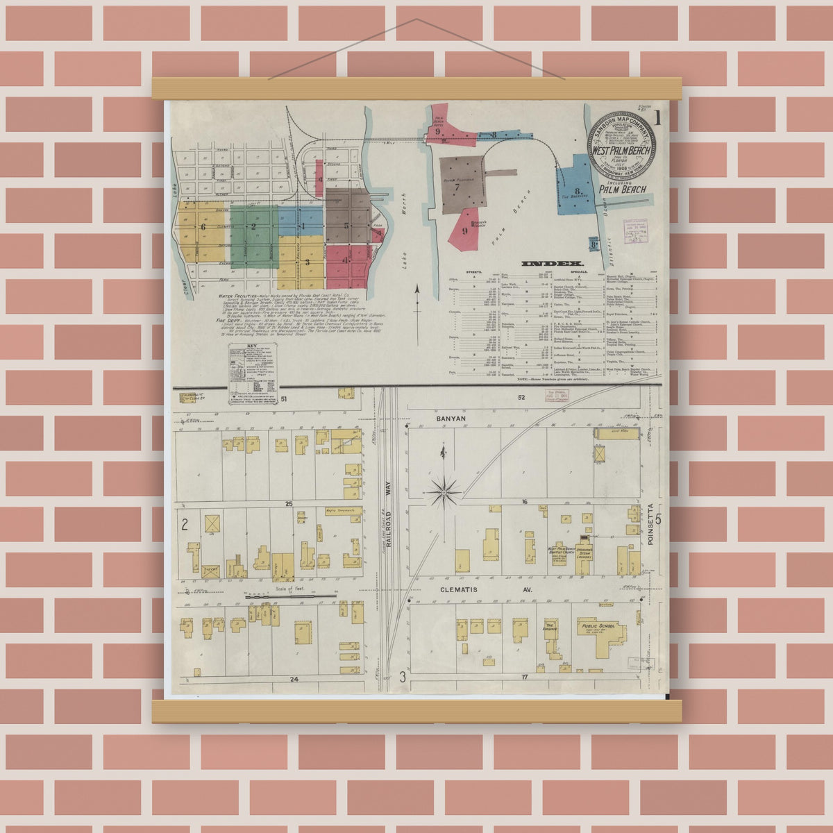 Old map wall art mockup — magnetic wood frame on brick wall — Sanborn Fire Insurance Map from West Palm Beach, Dade County, Florida (1908), Sheet #0001