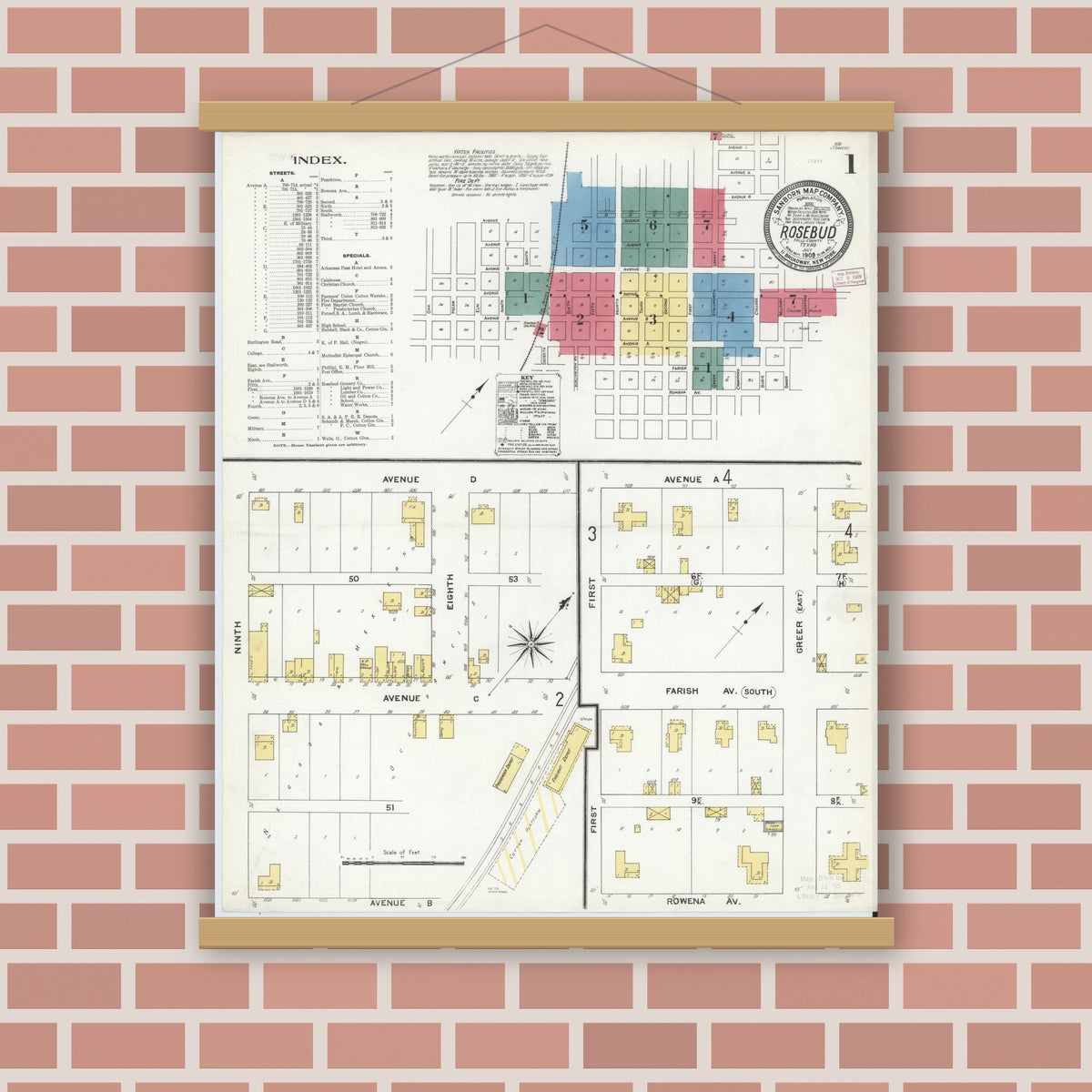 Old map wall art mockup — magnetic wood frame on brick wall — Sanborn Fire Insurance Map from Rosebud, Falls County, Texas (1909), Sheet #0001