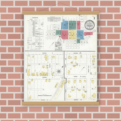 Old map wall art mockup — magnetic wood frame on brick wall — Sanborn Fire Insurance Map from Rosebud, Falls County, Texas (1909), Sheet #0001