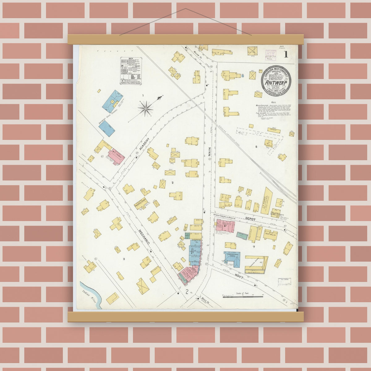 Old map wall art mockup — magnetic wood frame on brick wall — Sanborn Fire Insurance Map from Antwerp, Jefferson County, New York (1905) - Complete Map Set