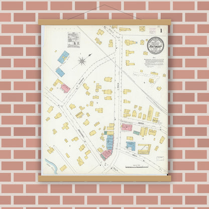 Old map wall art mockup — magnetic wood frame on brick wall — Sanborn Fire Insurance Map from Antwerp, Jefferson County, New York (1905) - Complete Map Set