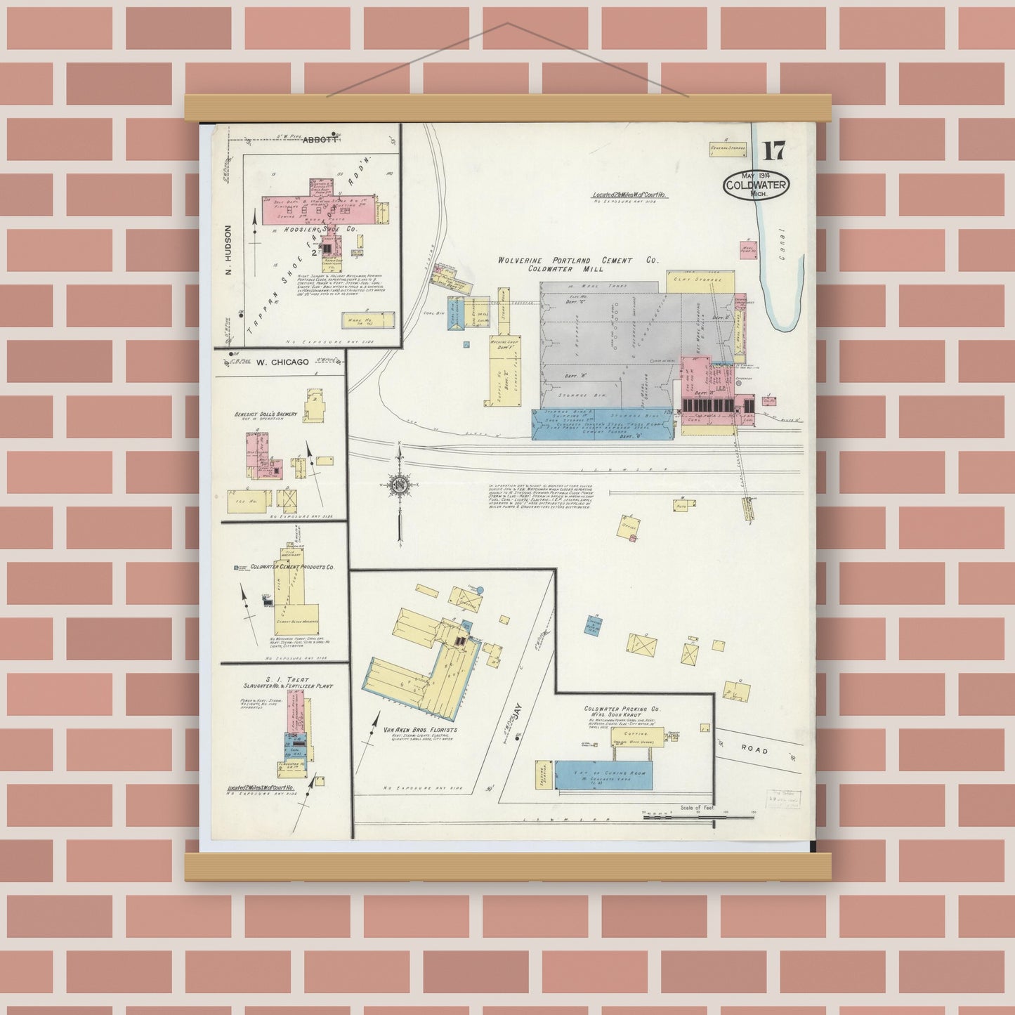 Old map wall art mockup — magnetic wood frame on brick wall — Sanborn Fire Insurance Map from Coldwater, Branch County, Michigan (1914), Sheet #0017