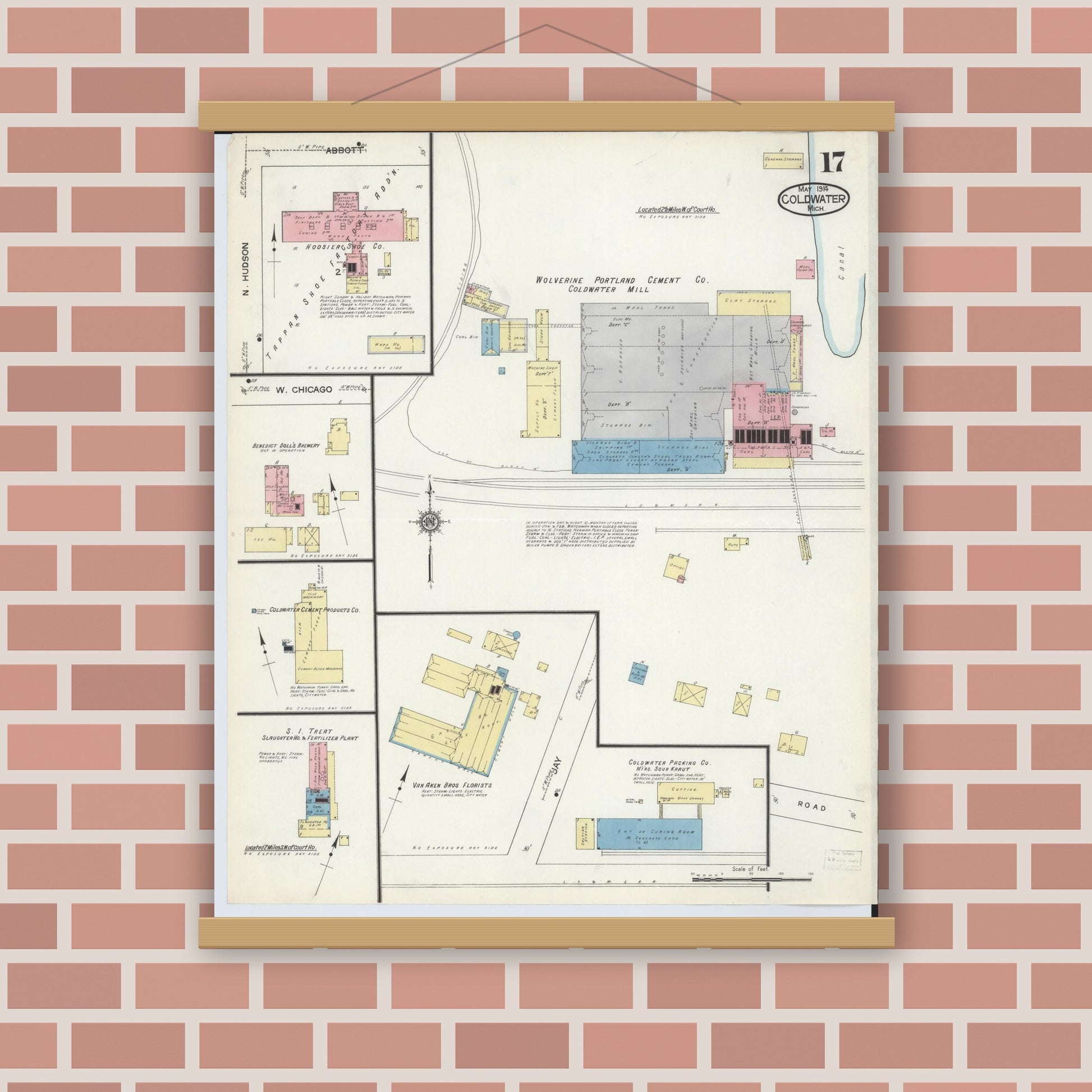 Old map wall art mockup — magnetic wood frame on brick wall — Sanborn Fire Insurance Map from Coldwater, Branch County, Michigan (1914), Sheet #0017