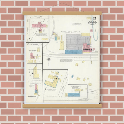 Old map wall art mockup — magnetic wood frame on brick wall — Sanborn Fire Insurance Map from Coldwater, Branch County, Michigan (1914), Sheet #0017