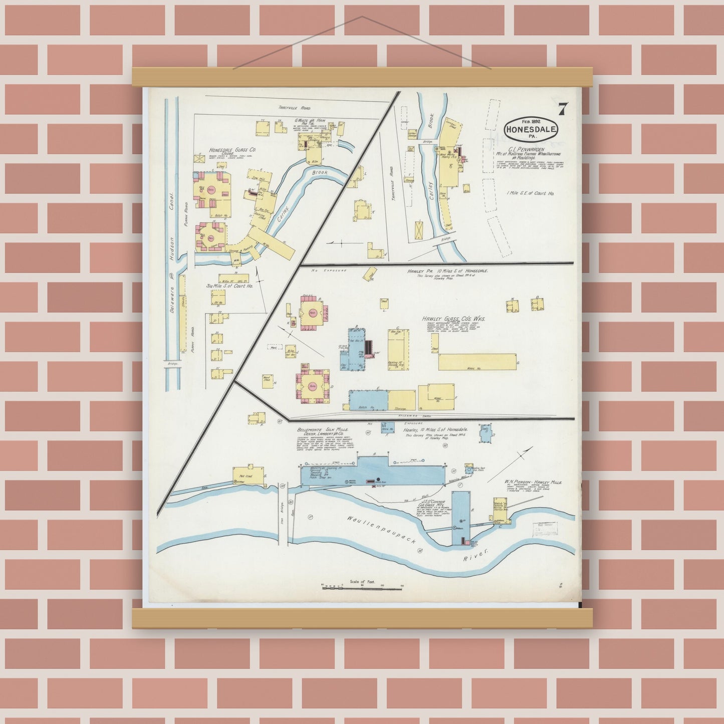 Old map wall art mockup — magnetic wood frame on brick wall — Sanborn Fire Insurance Map from Honesdale, Wayne County, Pennsylvania (1892), Sheet #0007
