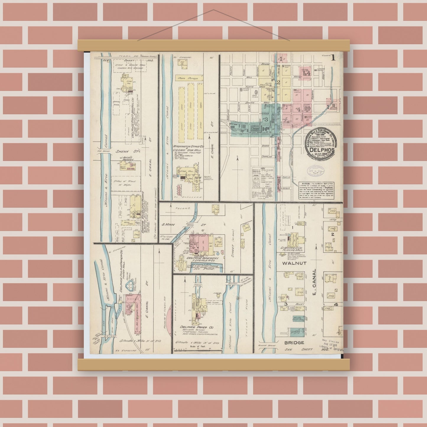 Old map wall art mockup — magnetic wood frame on brick wall — Sanborn Fire Insurance Map from Delphos, Van Wert And Allen Counties, Ohio (1884) - Complete Map Set