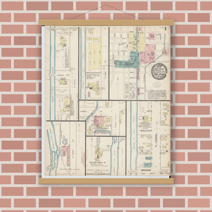 Old map wall art mockup — magnetic wood frame on brick wall — Sanborn Fire Insurance Map from Delphos, Van Wert And Allen Counties, Ohio (1884) - Complete Map Set
