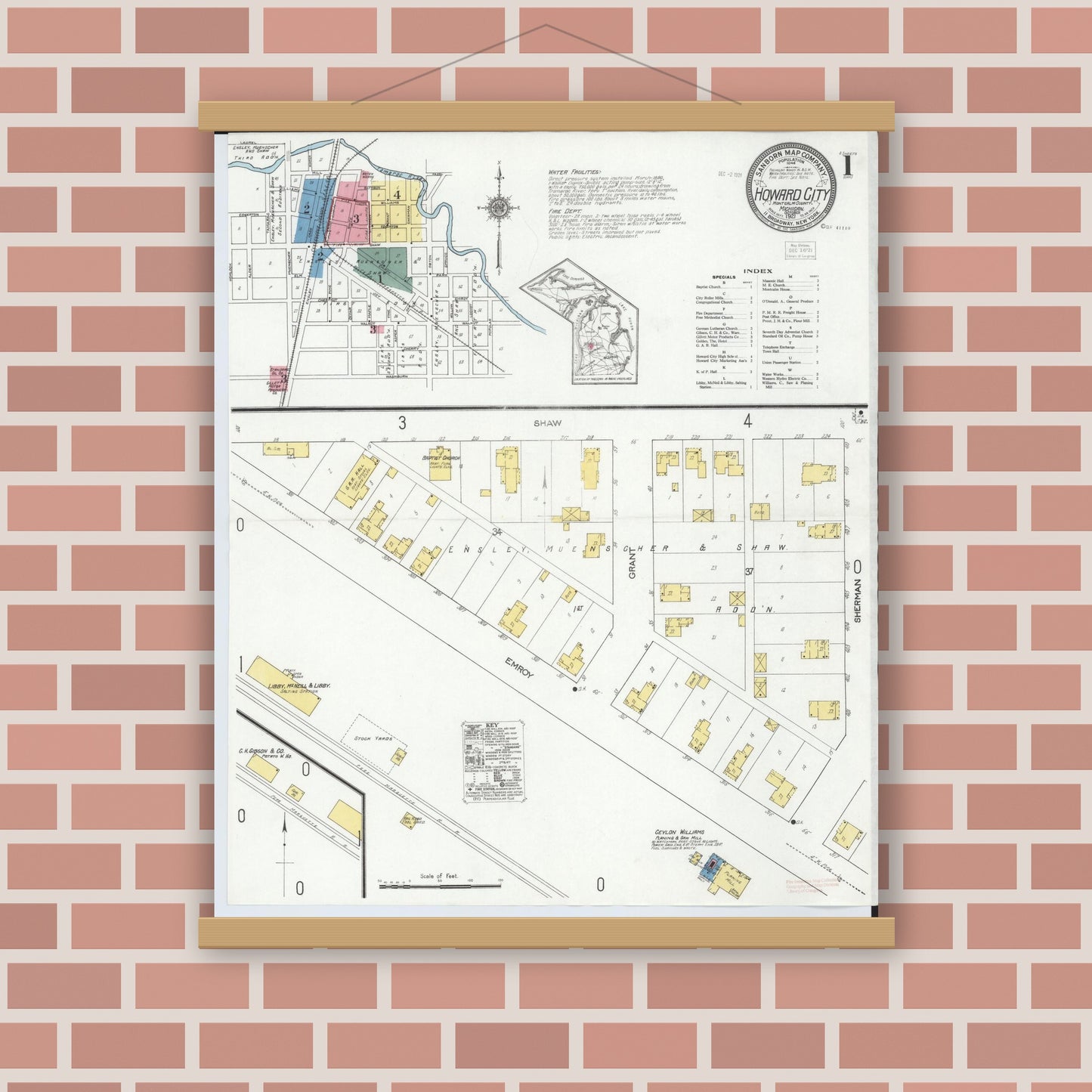 Old map wall art mockup — magnetic wood frame on brick wall — Sanborn Fire Insurance Map from Howard City, Montcalm County, Michigan (1921) - Complete Map Set