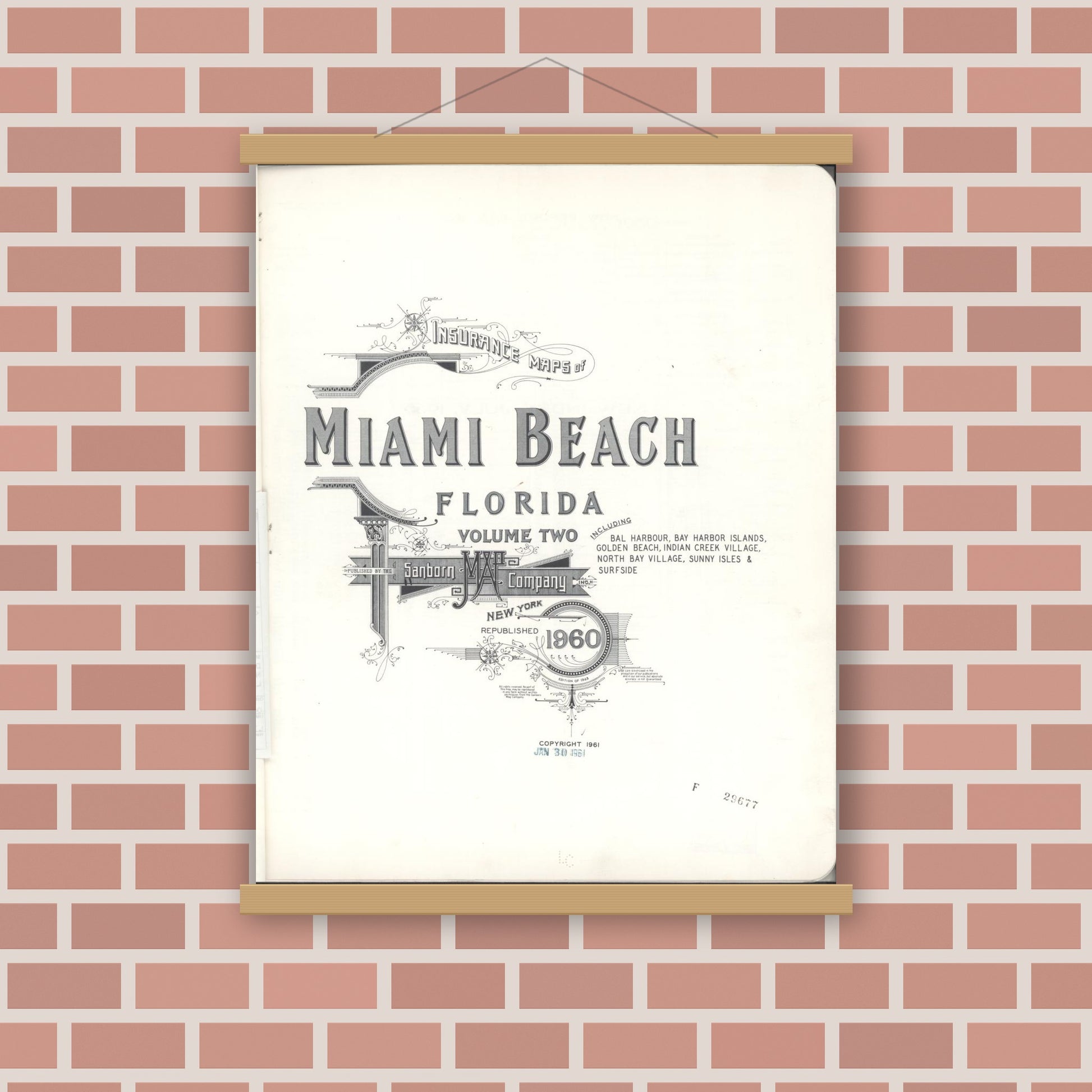 Old map wall art mockup — magnetic wood frame on brick wall — Sanborn Fire Insurance Map from Miami Beach, Dade County, Florida (1960), Sheet #0001