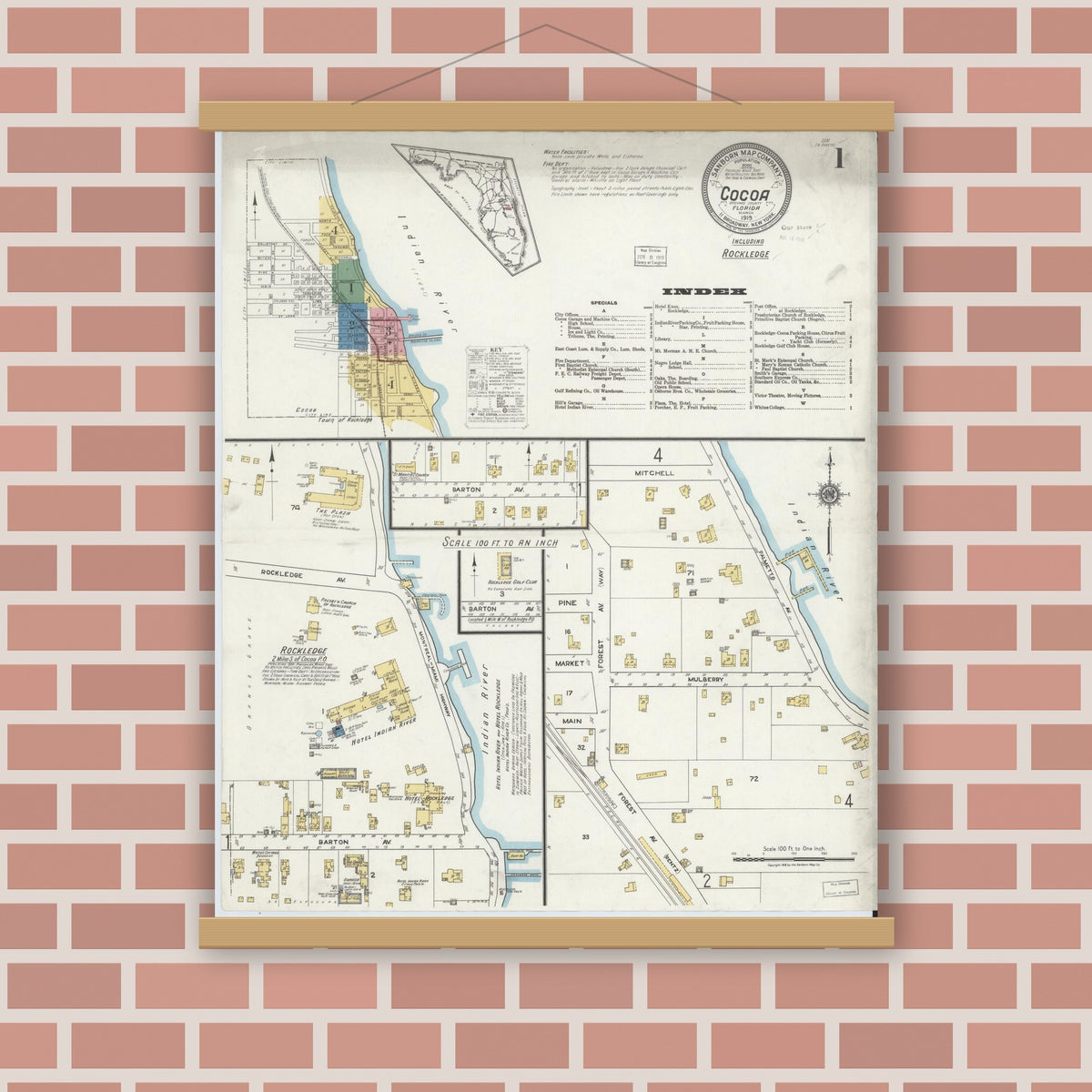 Old map wall art mockup — magnetic wood frame on brick wall — Sanborn Fire Insurance Map from Cocoa, Brevard County, Florida (1919), Sheet #0001