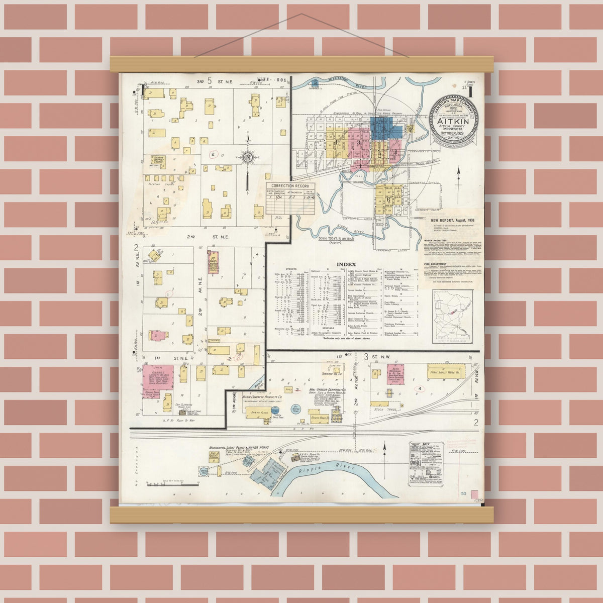 Old map wall art mockup — magnetic wood frame on brick wall — Sanborn Fire Insurance Map from Aitkin, Aitkin County, Minnesota (1936) - Complete Map Set