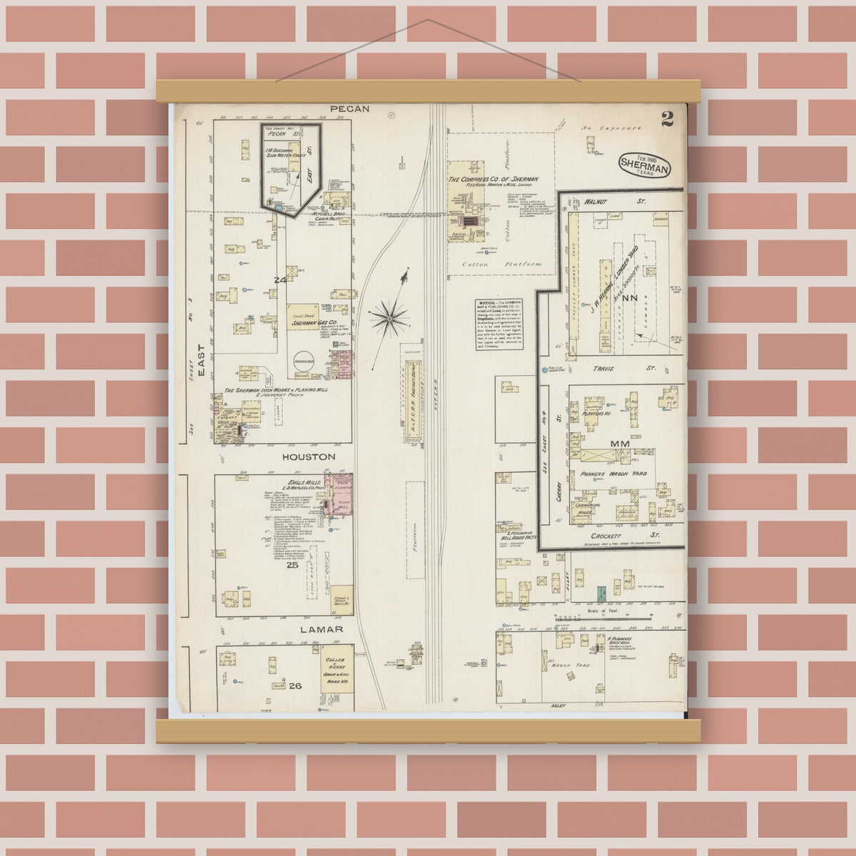 Old map wall art mockup — magnetic wood frame on brick wall — Sanborn Fire Insurance Map from Sherman, Grayson County, Texas (1885), Sheet #0002