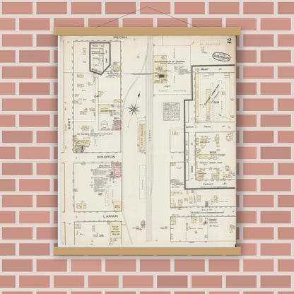Old map wall art mockup — magnetic wood frame on brick wall — Sanborn Fire Insurance Map from Sherman, Grayson County, Texas (1885), Sheet #0002