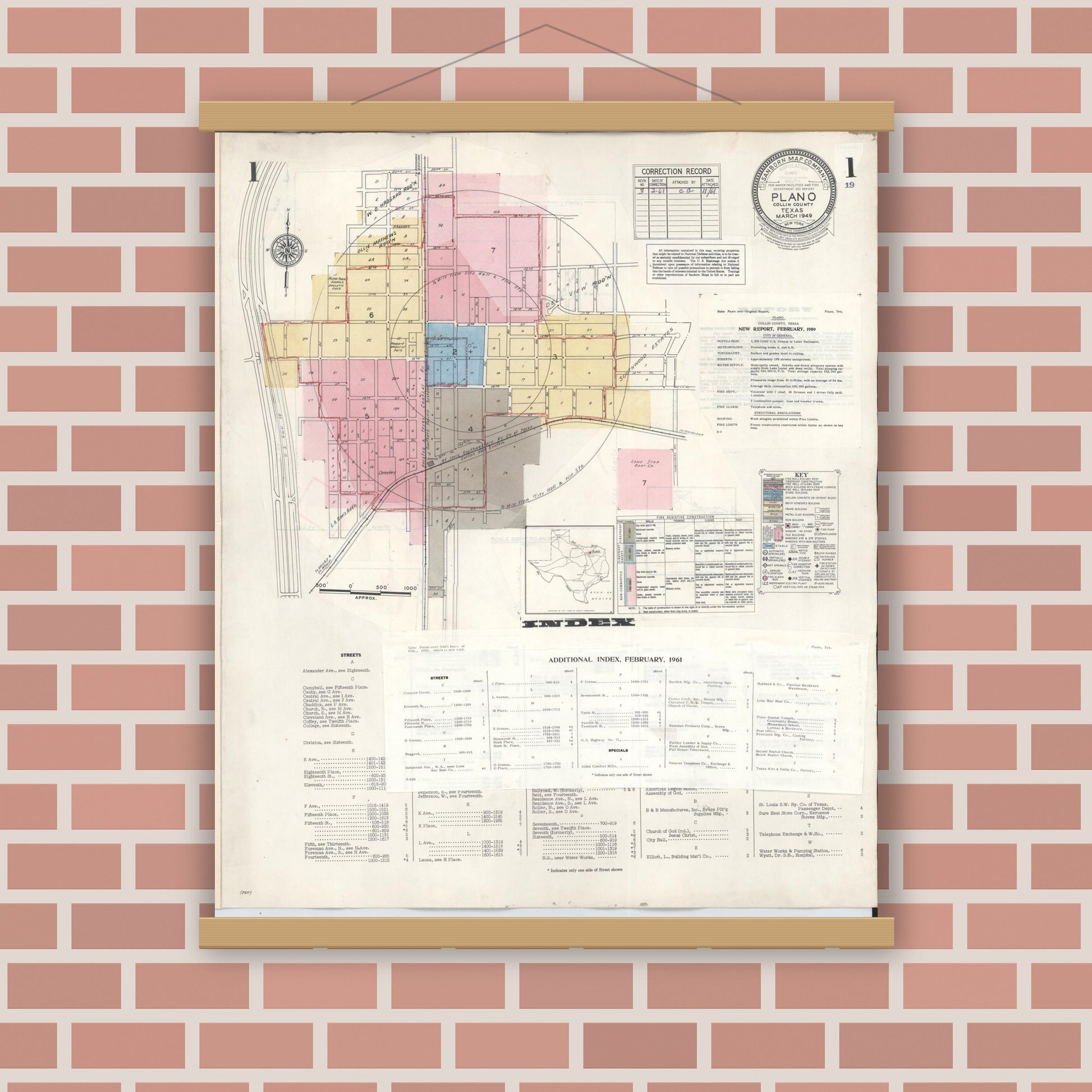 Old map wall art mockup — magnetic wood frame on brick wall — Sanborn Fire Insurance Map from Plano, Collin County, Texas (1961), Sheet #0001