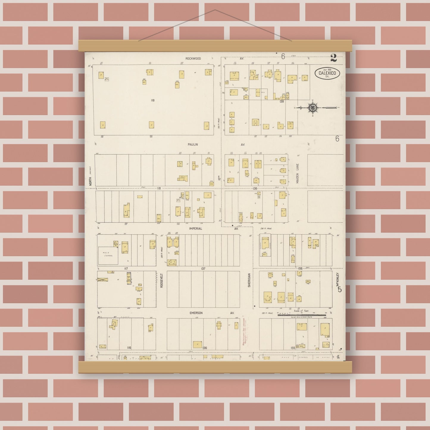 Old map wall art mockup — magnetic wood frame on brick wall — Sanborn Fire Insurance Map from Calexico, Imperial County, California (1920), Sheet #0002