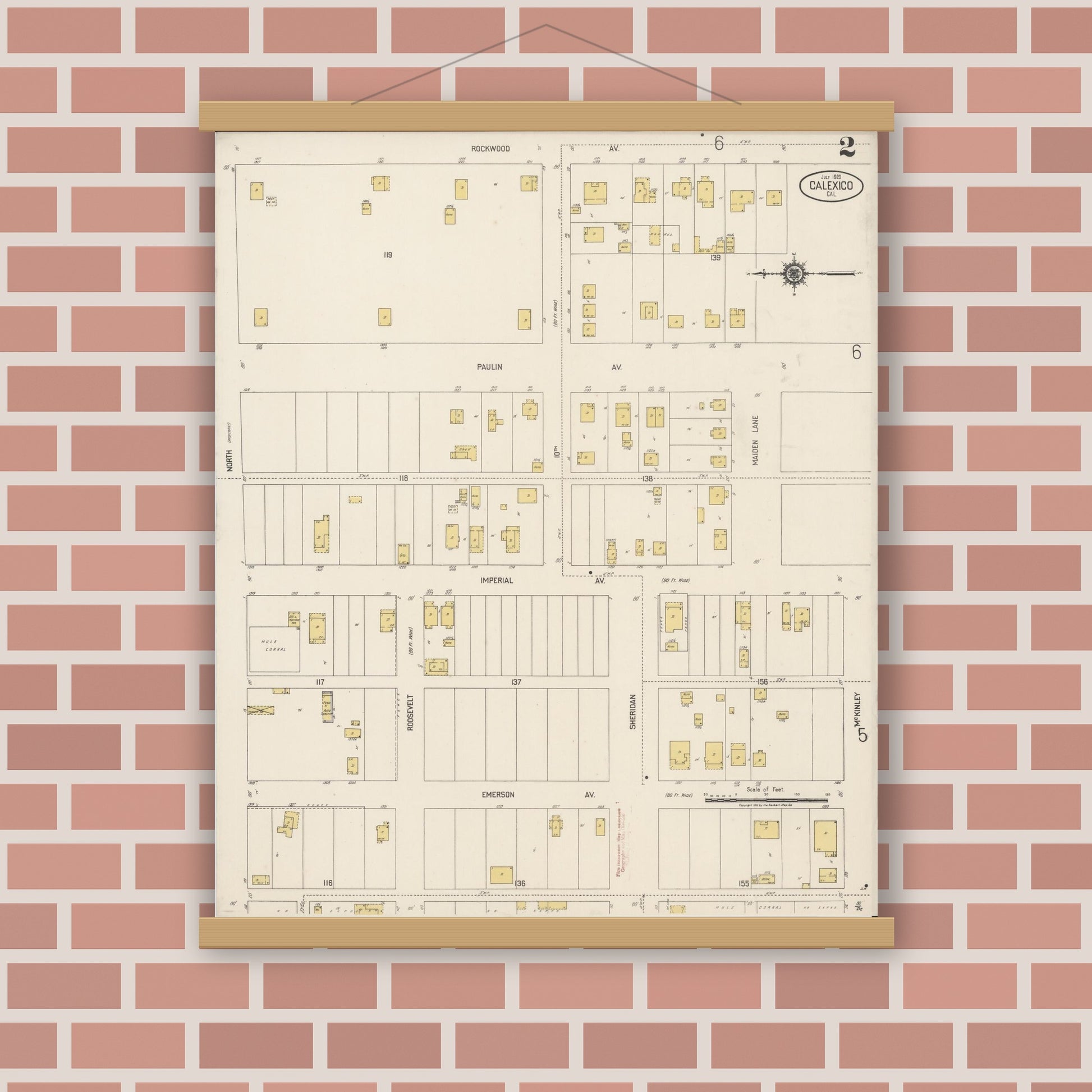 Old map wall art mockup — magnetic wood frame on brick wall — Sanborn Fire Insurance Map from Calexico, Imperial County, California (1920), Sheet #0002