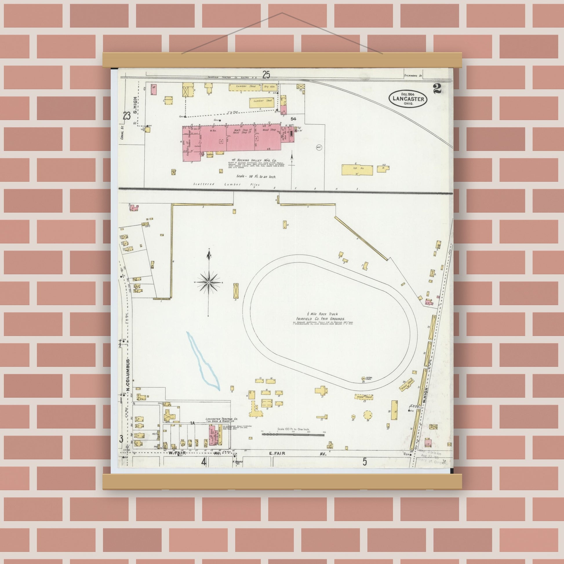 Old map wall art mockup — magnetic wood frame on brick wall — Sanborn Fire Insurance Map from Lancaster, Fairfield County, Ohio (1904), Sheet #0002