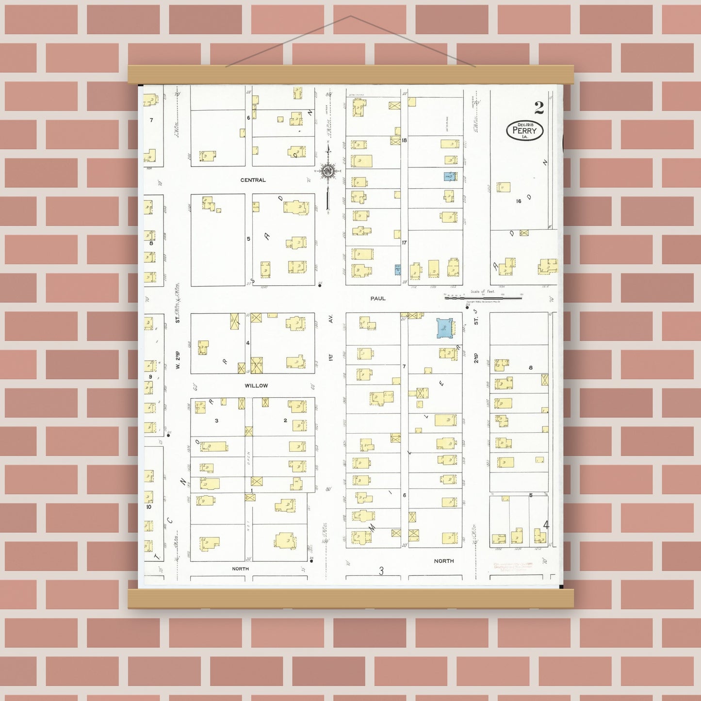 Old map wall art mockup — magnetic wood frame on brick wall — Sanborn Fire Insurance Map from Perry, Dallas County, Iowa (1918), Sheet #0002