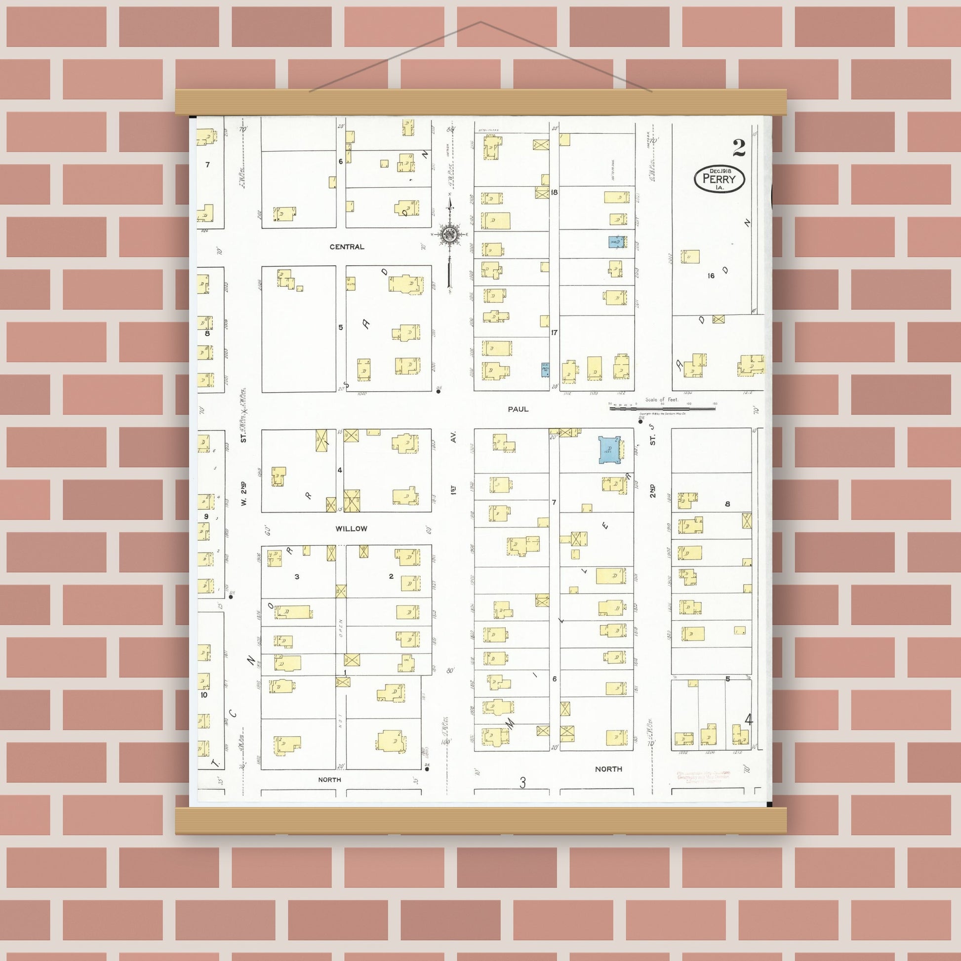 Old map wall art mockup — magnetic wood frame on brick wall — Sanborn Fire Insurance Map from Perry, Dallas County, Iowa (1918), Sheet #0002