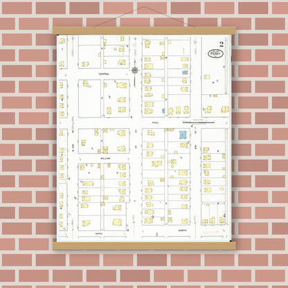 Old map wall art mockup — magnetic wood frame on brick wall — Sanborn Fire Insurance Map from Perry, Dallas County, Iowa (1918), Sheet #0002