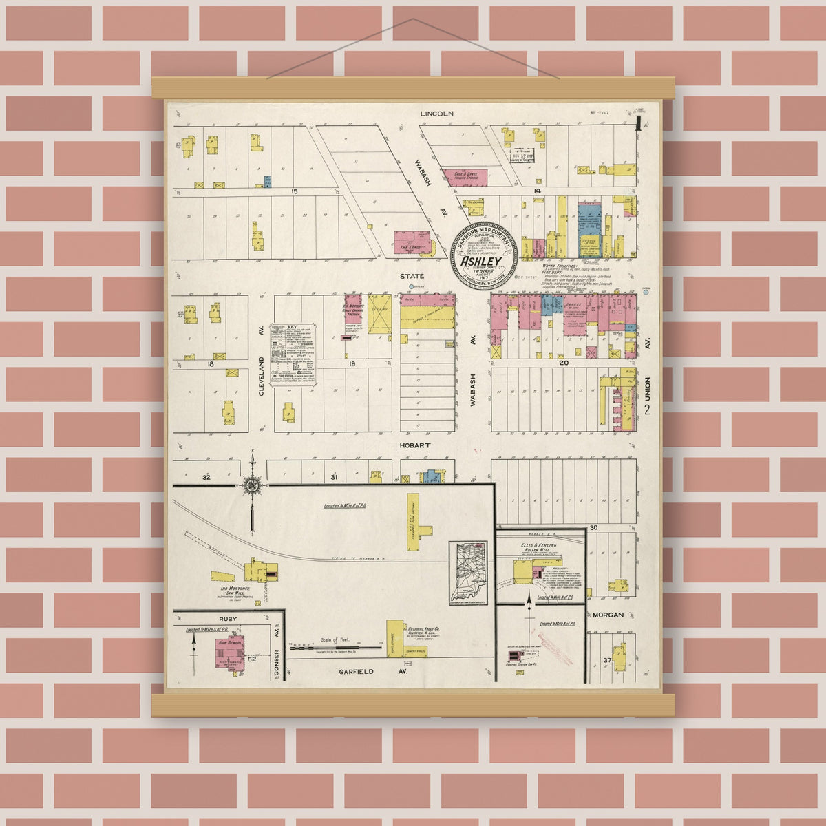 Old map wall art mockup — magnetic wood frame on brick wall — Sanborn Fire Insurance Map from Ashley, Steuben County, Indiana (1917) - Complete Map Set