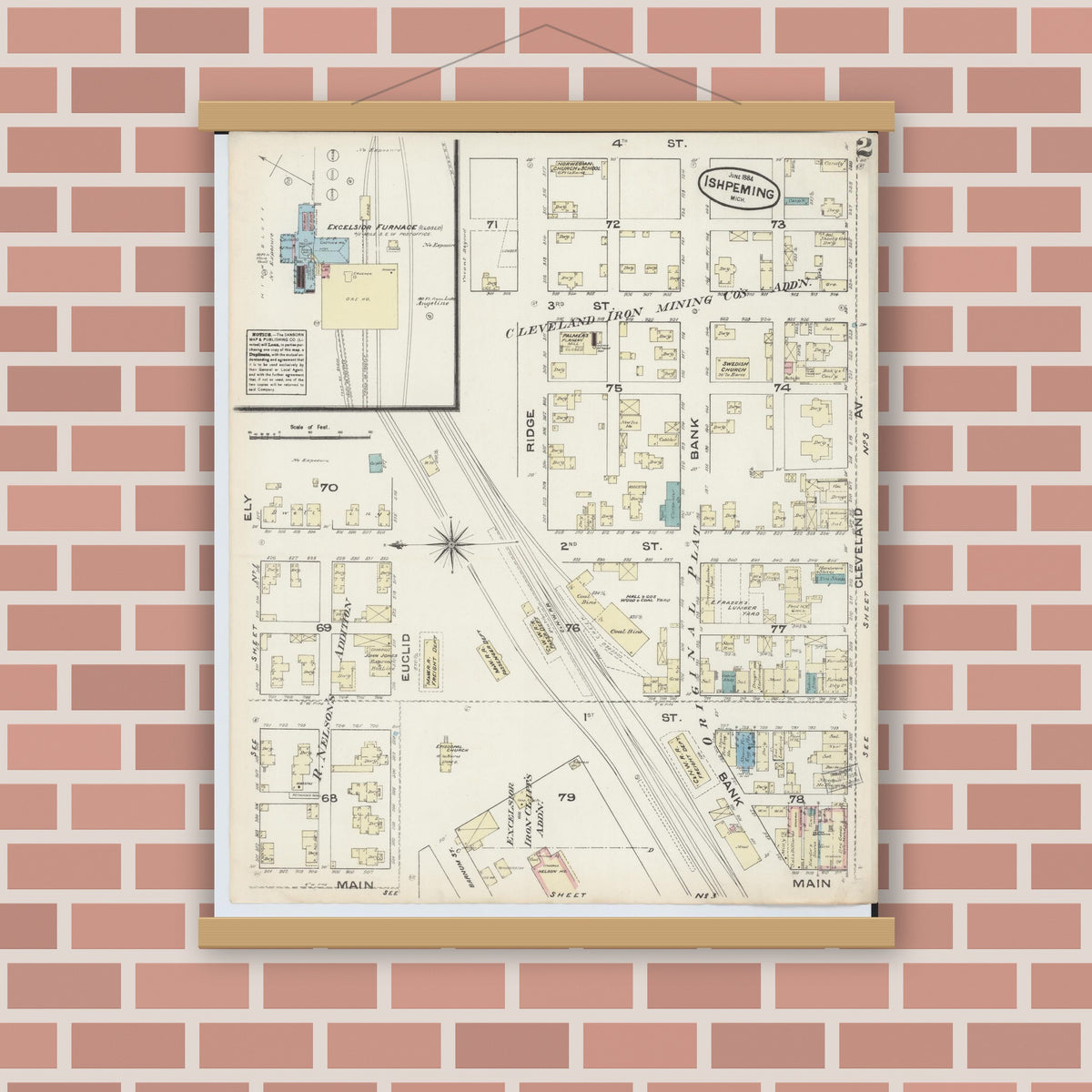 Old map wall art mockup — magnetic wood frame on brick wall — Sanborn Fire Insurance Map from Ishpeming, Marquette County, Michigan (1884), Sheet #0002