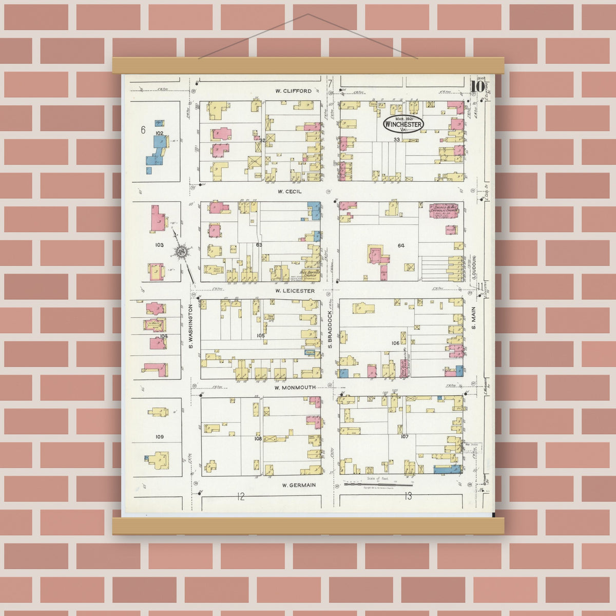 Old map wall art mockup — magnetic wood frame on brick wall — Sanborn Fire Insurance Map from Winchester, Independent Cities, Virginia (1921), Sheet #0010