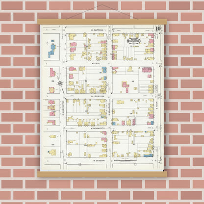 Old map wall art mockup — magnetic wood frame on brick wall — Sanborn Fire Insurance Map from Winchester, Independent Cities, Virginia (1921), Sheet #0010