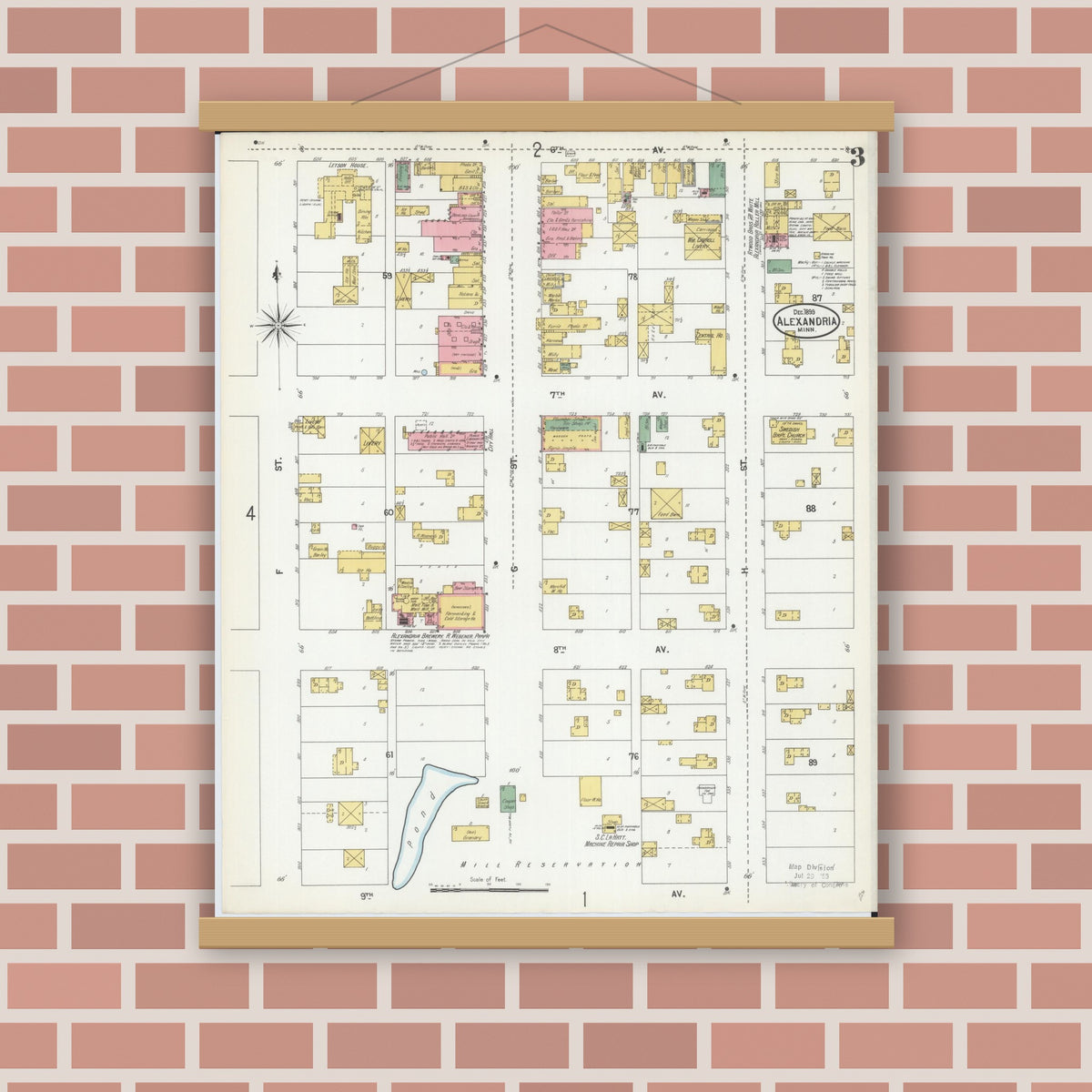 Old map wall art mockup — magnetic wood frame on brick wall — Sanborn Fire Insurance Map from Alexandria, Douglas County, Minnesota (1899), Sheet #0003