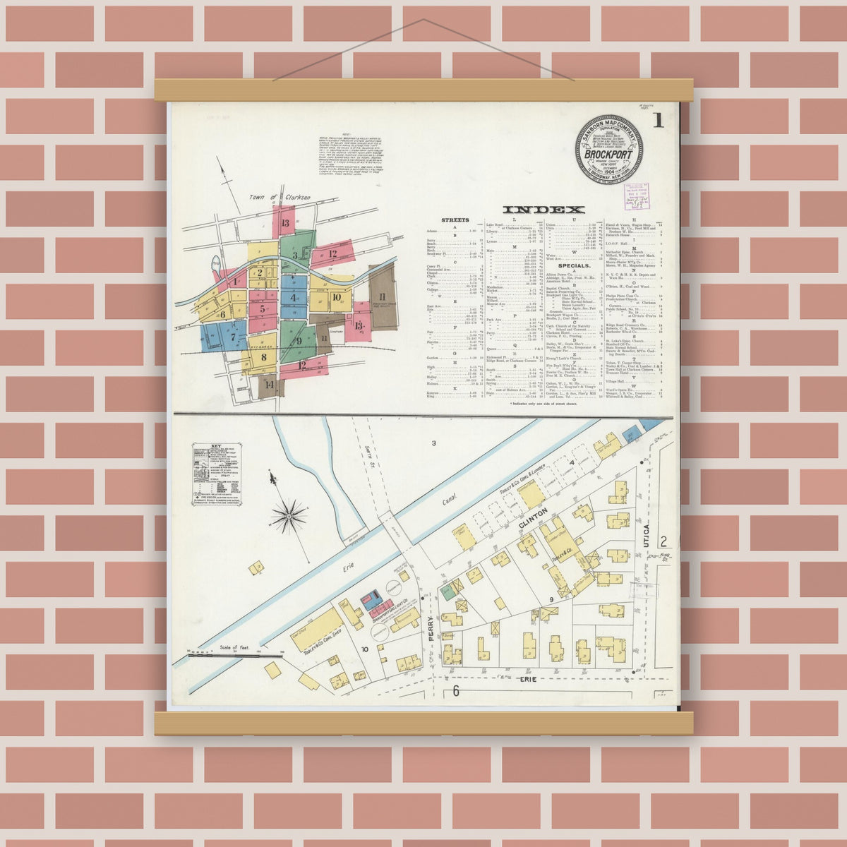 Old map wall art mockup — magnetic wood frame on brick wall — Sanborn Fire Insurance Map from Brockport, Monroe County, New York (1904) - Complete Map Set