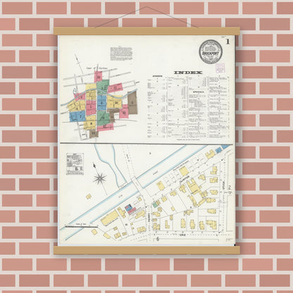 Old map wall art mockup — magnetic wood frame on brick wall — Sanborn Fire Insurance Map from Brockport, Monroe County, New York (1904) - Complete Map Set