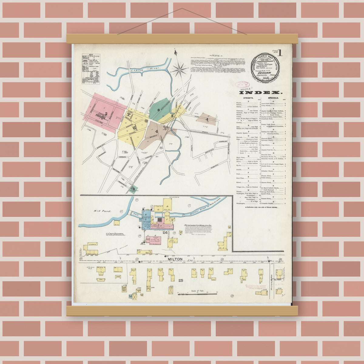 Old map wall art mockup — magnetic wood frame on brick wall — Sanborn Fire Insurance Map from Dedham, Norfolk County, Massachusetts (1892) - Complete Map Set