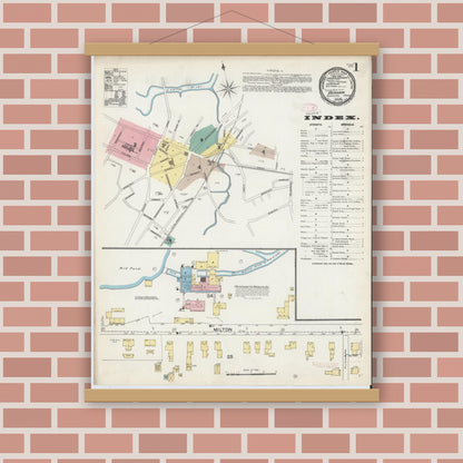 Old map wall art mockup — magnetic wood frame on brick wall — Sanborn Fire Insurance Map from Dedham, Norfolk County, Massachusetts (1892) - Complete Map Set