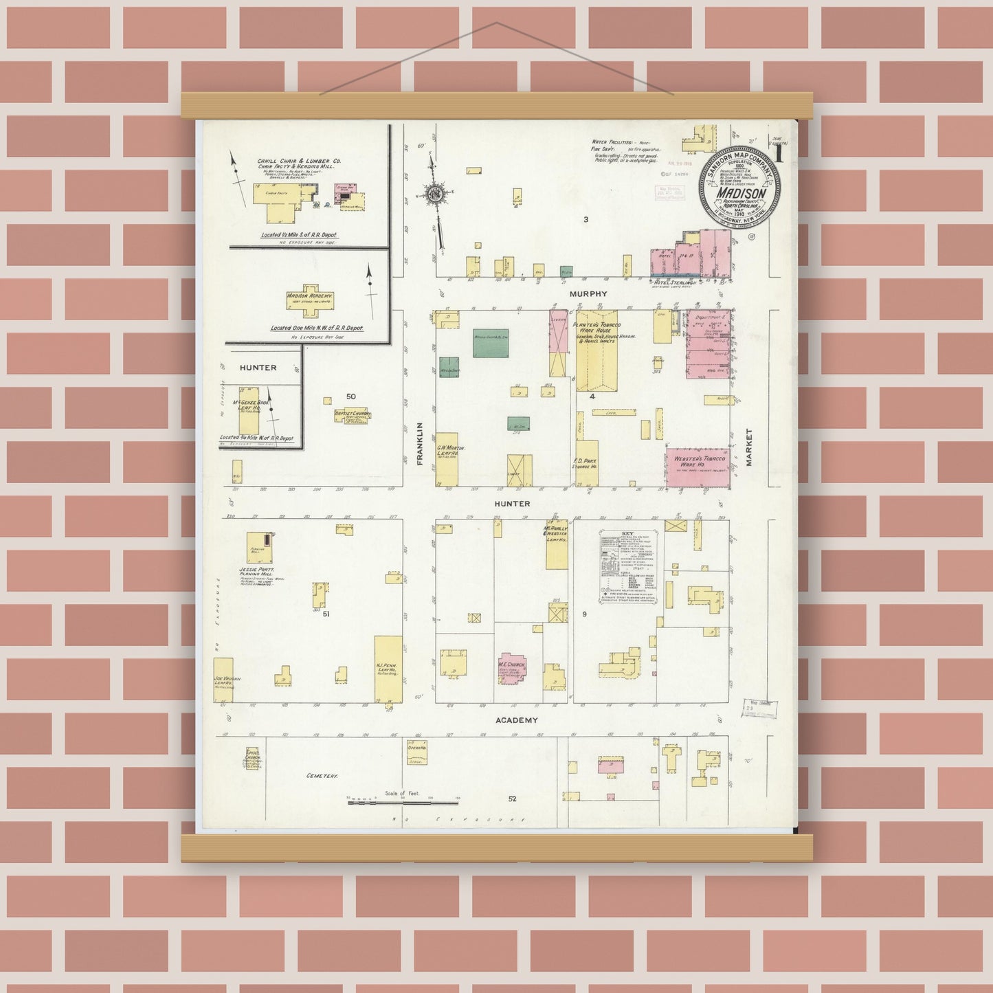 Old map wall art mockup — magnetic wood frame on brick wall — Sanborn Fire Insurance Map from Madison, Rockingham County, North Carolina (1910) - Complete Map Set