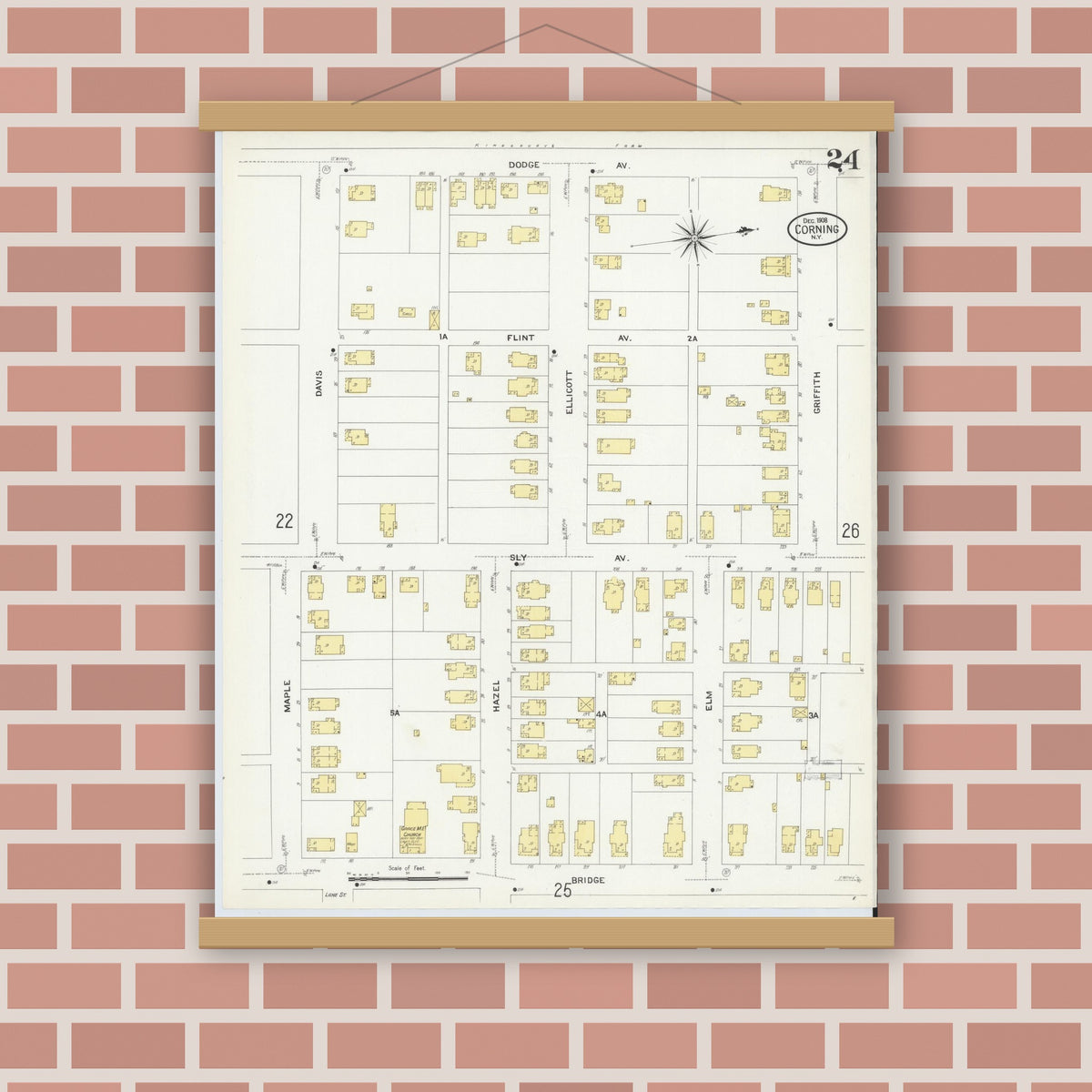 Old map wall art mockup — magnetic wood frame on brick wall — Sanborn Fire Insurance Map from Corning, Steuben County, New York (1908), Sheet #0024