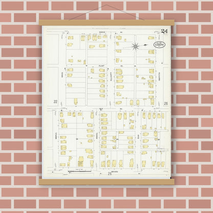 Old map wall art mockup — magnetic wood frame on brick wall — Sanborn Fire Insurance Map from Corning, Steuben County, New York (1908), Sheet #0024