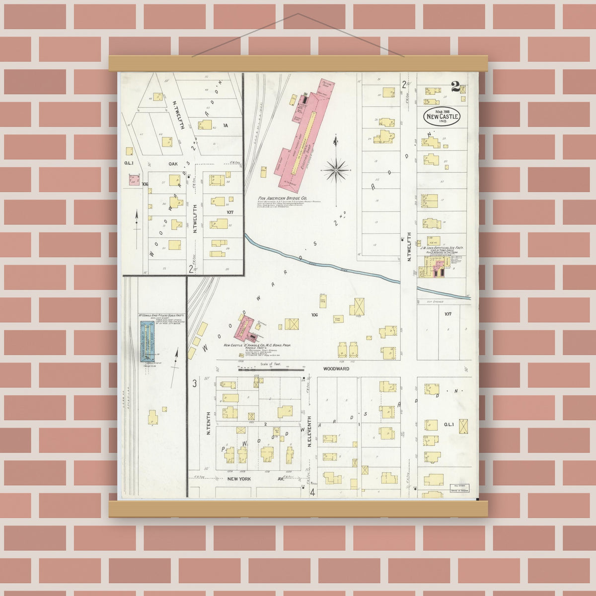 Old map wall art mockup — magnetic wood frame on brick wall — Sanborn Fire Insurance Map from New Castle, Henry County, Indiana (1908), Sheet #0002