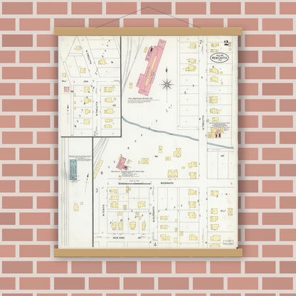 Old map wall art mockup — magnetic wood frame on brick wall — Sanborn Fire Insurance Map from New Castle, Henry County, Indiana (1908), Sheet #0002
