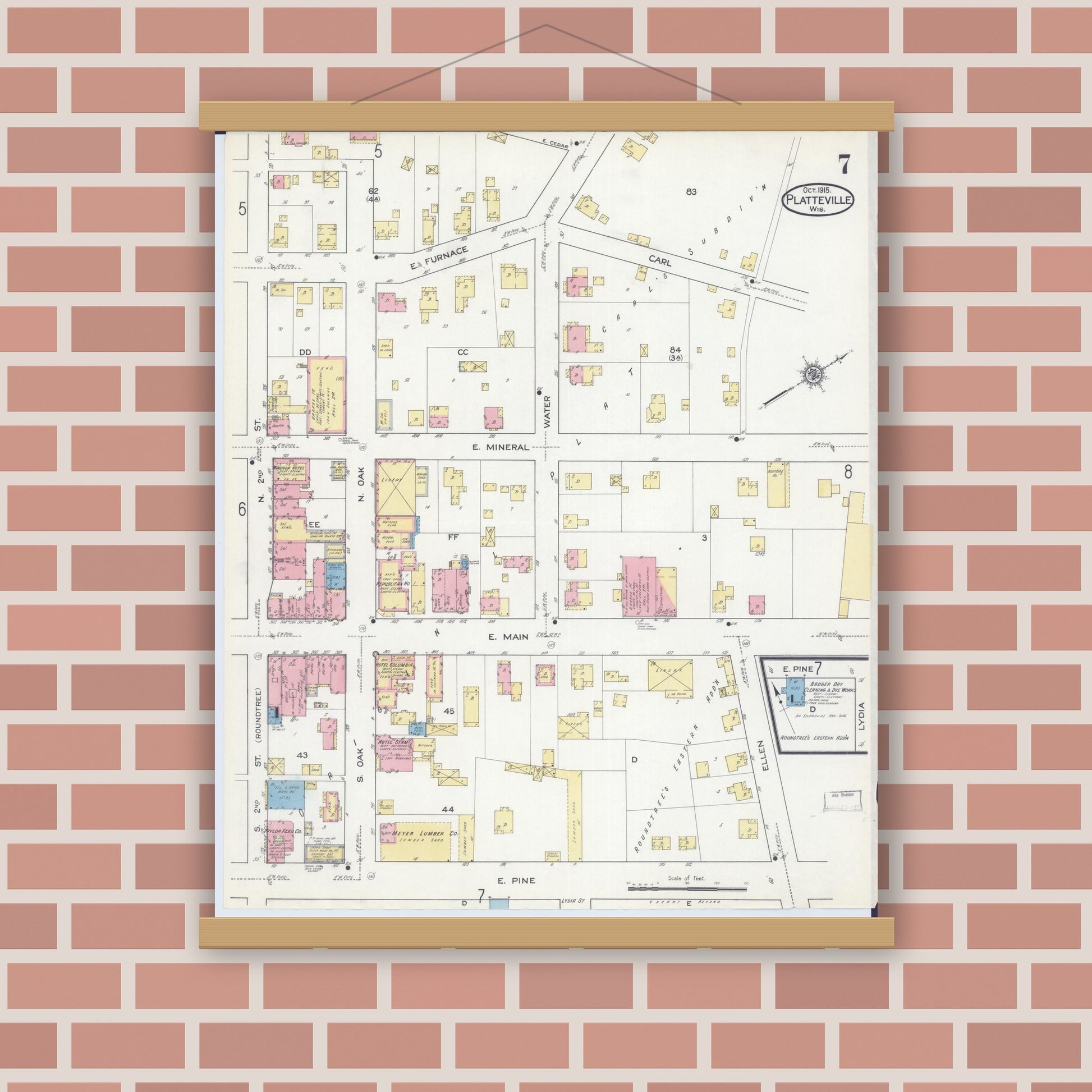 Old map wall art mockup — magnetic wood frame on brick wall — Sanborn Fire Insurance Map from Platteville, Grant County, Wisconsin (1915), Sheet #0007