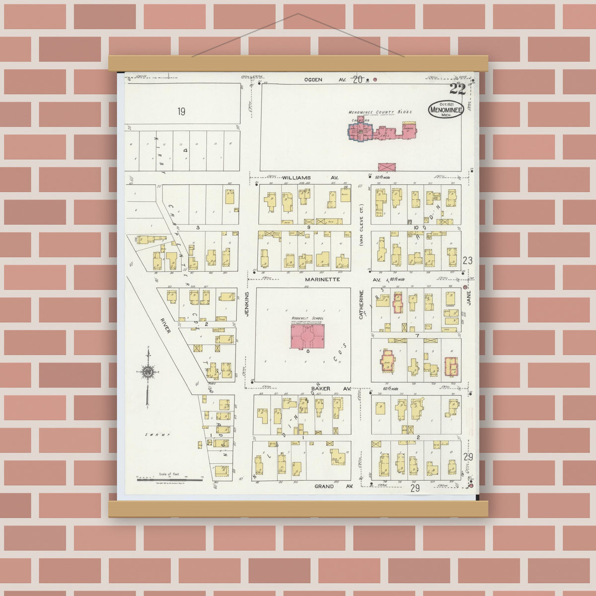 Old map wall art mockup — magnetic wood frame on brick wall — Sanborn Fire Insurance Map from Menominee, Menominee County, Michigan (1921), Sheet #0022