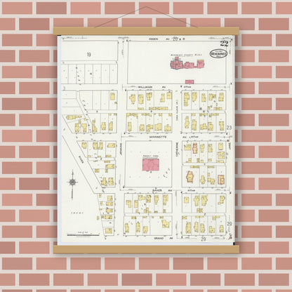 Old map wall art mockup — magnetic wood frame on brick wall — Sanborn Fire Insurance Map from Menominee, Menominee County, Michigan (1921), Sheet #0022
