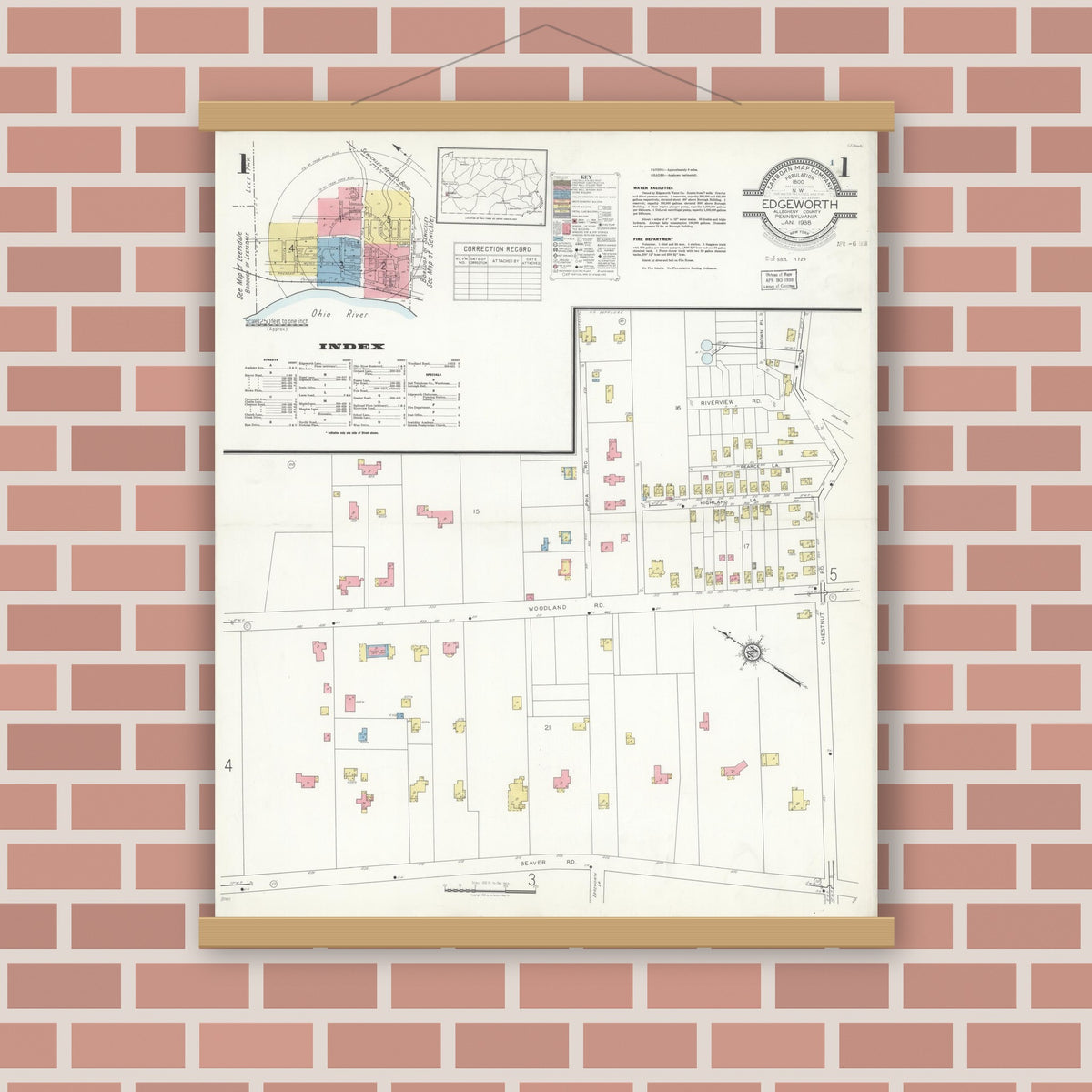 Old map wall art mockup — magnetic wood frame on brick wall — Sanborn Fire Insurance Map from Edgeworth, Allegheny County, Pennsylvania (1938) - Complete Map Set