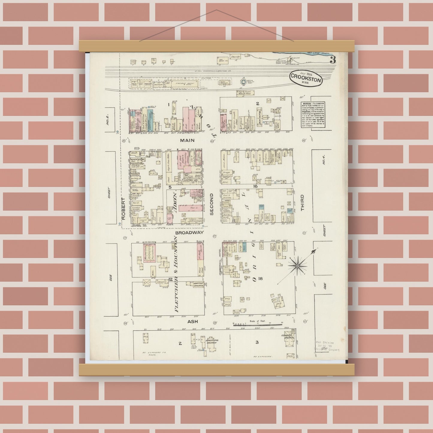 Old map wall art mockup — magnetic wood frame on brick wall — Sanborn Fire Insurance Map from Crookston, Polk County, Minnesota (1884), Sheet #0003